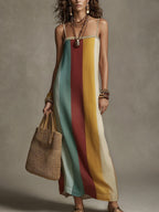 Bohemian-style Striped, Color-block Spaghetti-strap Maxi Dress