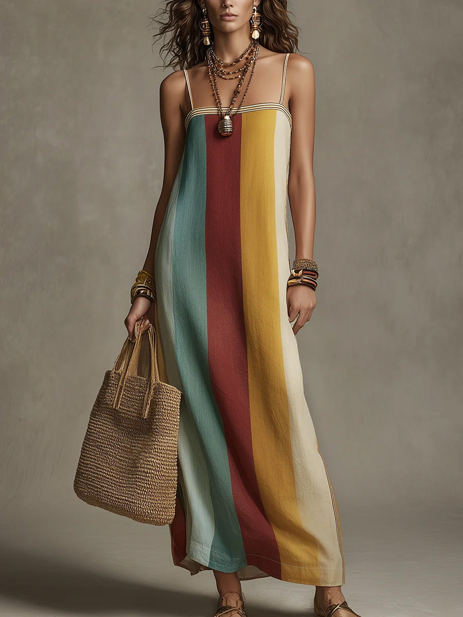 Bohemian-style Striped, Color-block Spaghetti-strap Maxi Dress
