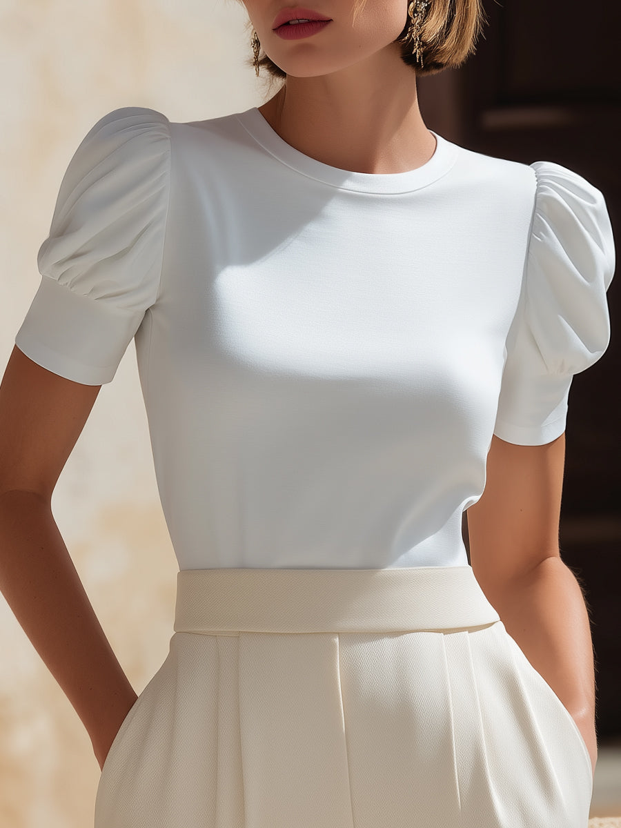 Short Puff Sleeve Fitted Knit Top