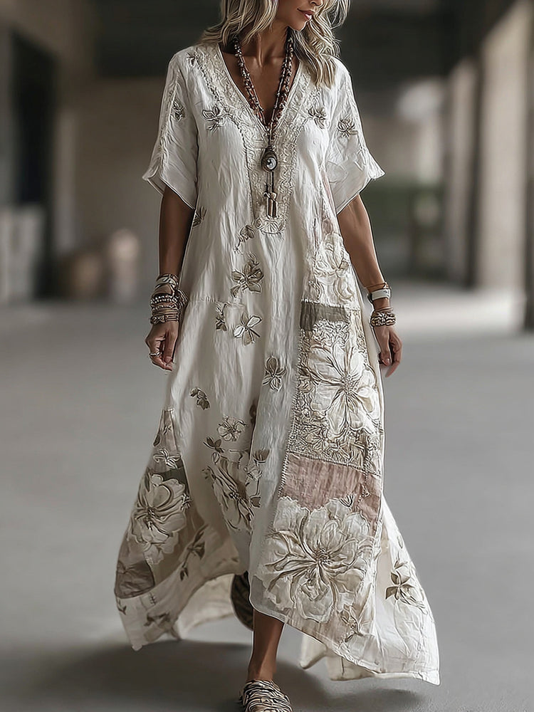 Women's Vintage Floral Embroidery Art Linen Blend V Neck Maxi Dress