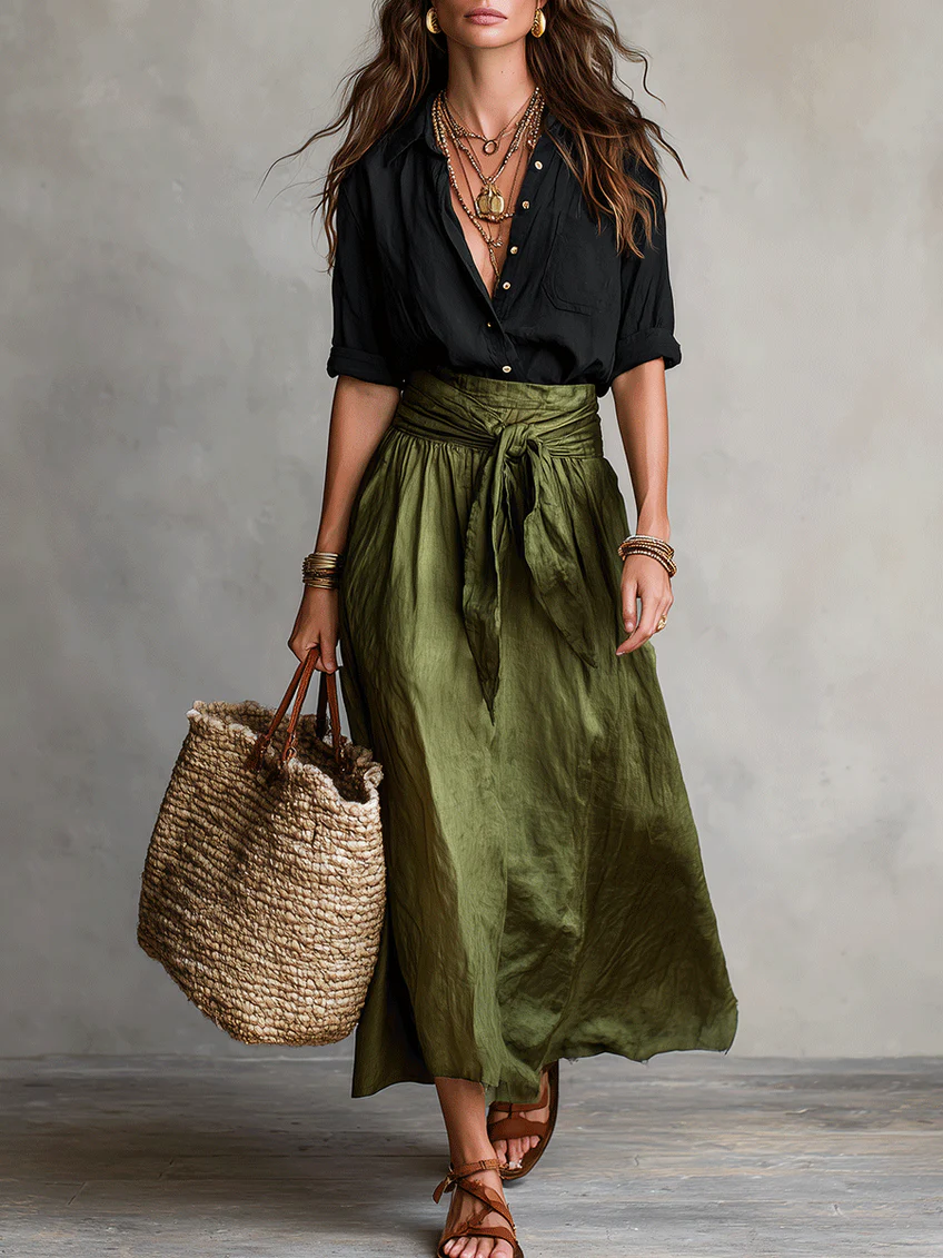 Minimalist Elegant Button-up Shirt And Tie-waist Skirt Two-piece Set