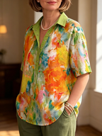 Casual Snap Buttons Watercolor Print Cotton-linen Blouse