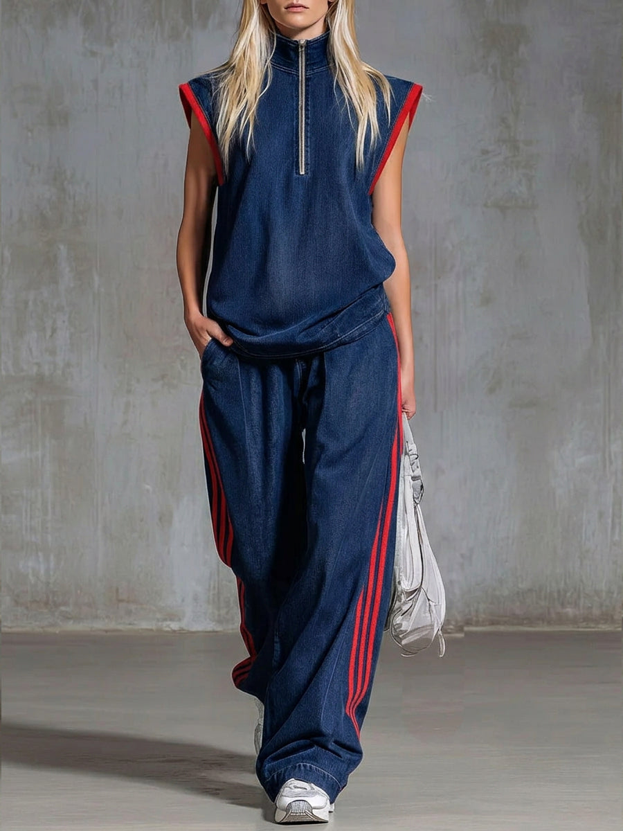 Casual Half-zip Sleeveless Denim Top And Pants Two-piece Set