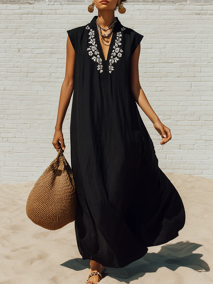 Vintage-style Vacation Floral Print Loose Cotton-linen Dress