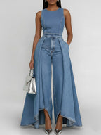 Women's Round Neck Sleeveless Casual Loose Wide-leg Denim Jumpsuit