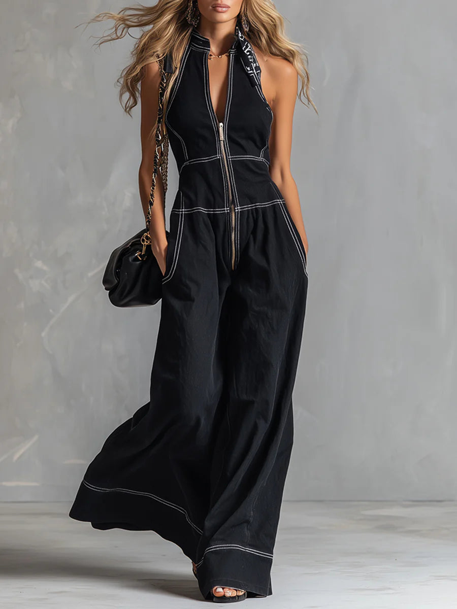 Casual Zippered Cotton Jumpsuit