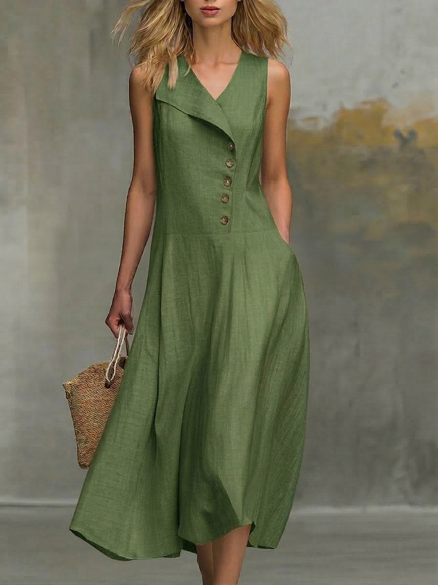 Women's Solid-color V-neck Sleeveless Casual Loose Cotton-linen Dress