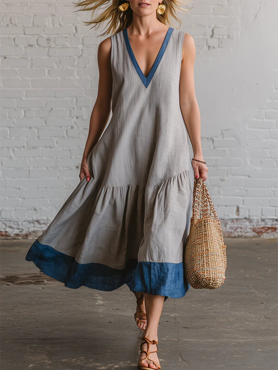 Elegant Color-block V-neck Cotton-linen Dress