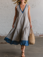 Elegant Color-block V-neck Cotton-linen Dress