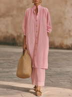 Elegant Metal Button Longline Shirt And Pants Set