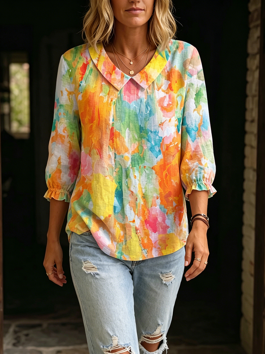 Artistic Watercolor Palette Print Peter Pan Collar Cotton-Linen Blouse