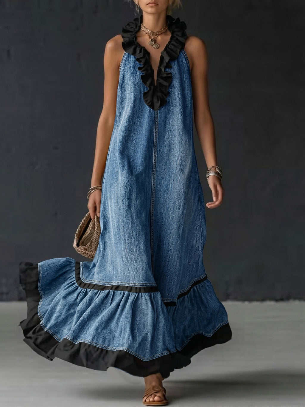 Elegant Color-block Ruffle Trim Denim Dress
