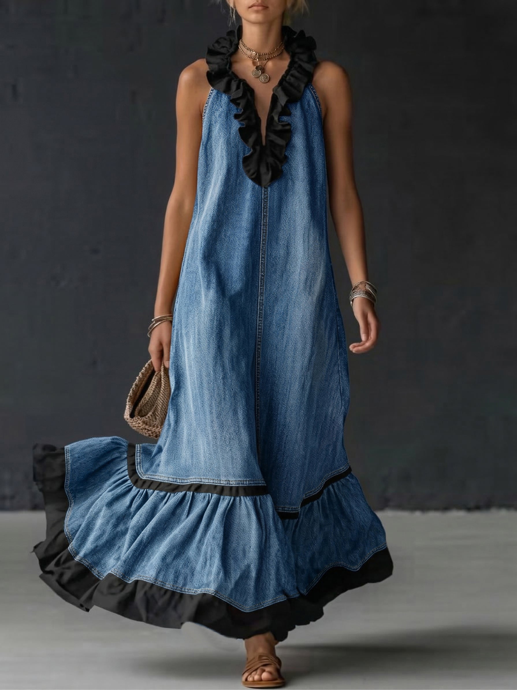Elegant Color-block Ruffle Trim Denim Dress