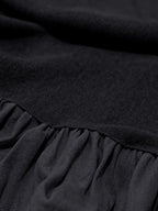 Maxi Dress, 100% Wool Top with Cotton Skirt, Long Sleeves, Round Neck, Plain, Belt Design, French Vintage, Black