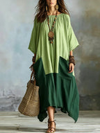Women's Color-block Loose-fit Flared Cotton-linen Dress