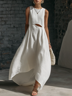 Stylish Minimalist Cutout Waist Linen-cotton Dress