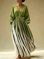 Women's Casual Loose Cotton-linen Dress With V-neck Long Sleeves And Placement Print