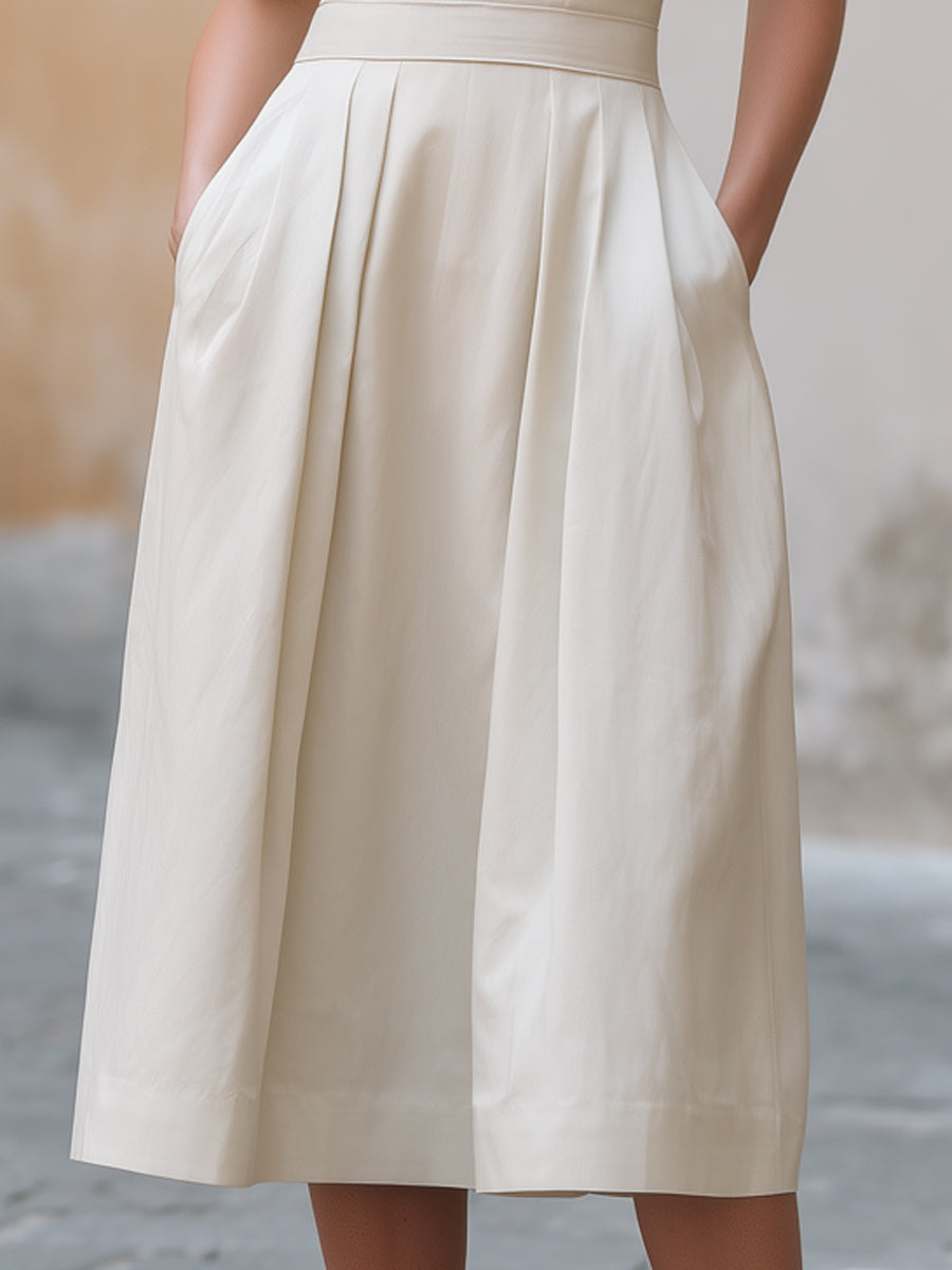 Structured V-Neck Pleated Waist A-Line Midi Dress