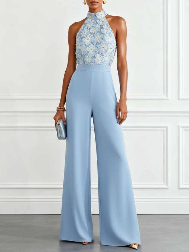 Women Light Blue 3D Floral Halter Neck Sleeveless Dressy Jumpsuit