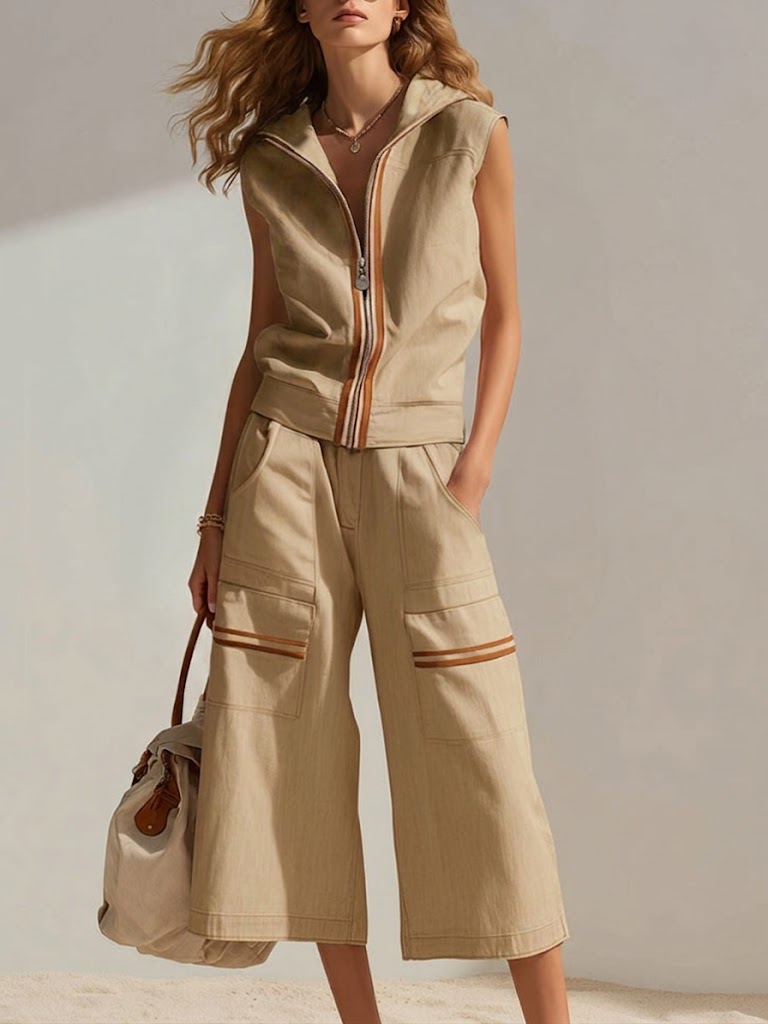 Stylish Casual Two-piece Set: Sleeveless Cotton Hoodie With Zipper And Pants