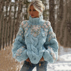 Women's Vintage Embroidery Rose Art Knit Cozy High Neck Sweater