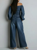 Women's Off-the-shoulder Long-sleeved Casual Loose Denim Top And High-waisted Wide-leg Jeans Set.