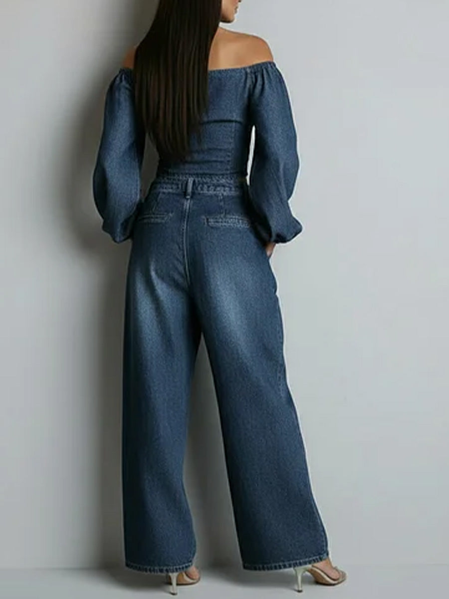 Women's Off-the-shoulder Long-sleeved Casual Loose Denim Top And High-waisted Wide-leg Jeans Set.