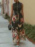 French Elegant Chiffon Floral Print Maxi Dress With Belt