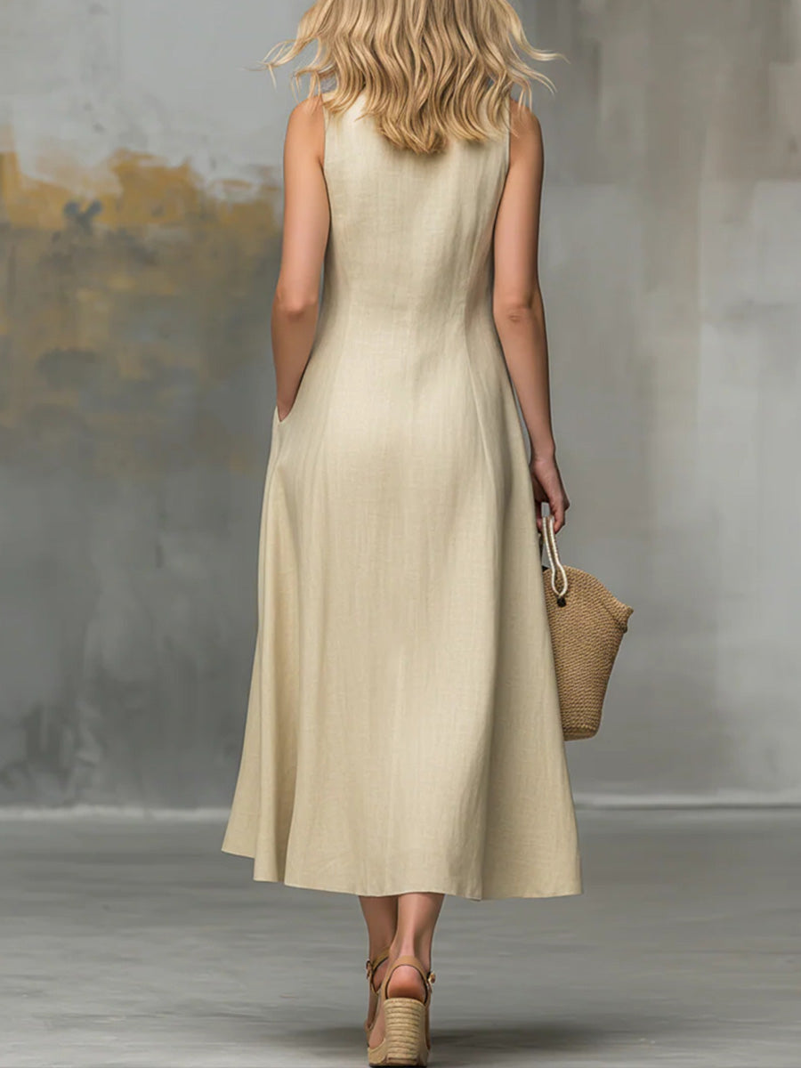 Women's Solid-color V-neck Sleeveless Casual Loose Cotton-linen Dress