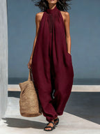 Women's Stand-up Collar Sleeveless Casual Loose Cotton And Linen Wide-leg Jumpsuit
