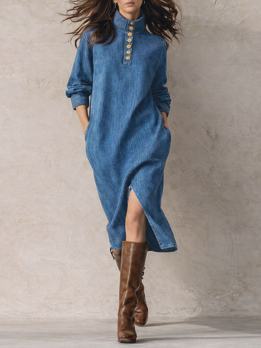 Women's Stand-collar Long-sleeved Casual Loose Denim Dress