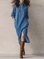Women's Stand-collar Long-sleeved Casual Loose Denim Dress
