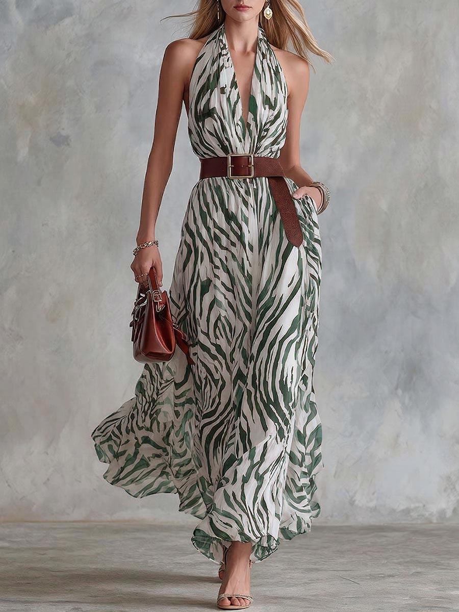 Women's Abstract Print V-neck Sleeveless Loose-fit Casual Chiffon Dress