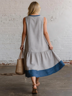 Elegant Color-block V-neck Cotton-linen Dress