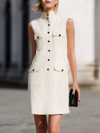 Sleeveless Stand Collar Button Down Utility Pocket Shift Mini Dress