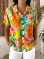 Artistic Watercolor Floral Print Cotton-linen Blouse