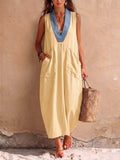 Elegant Color-block V-neck Cotton-linen Dress