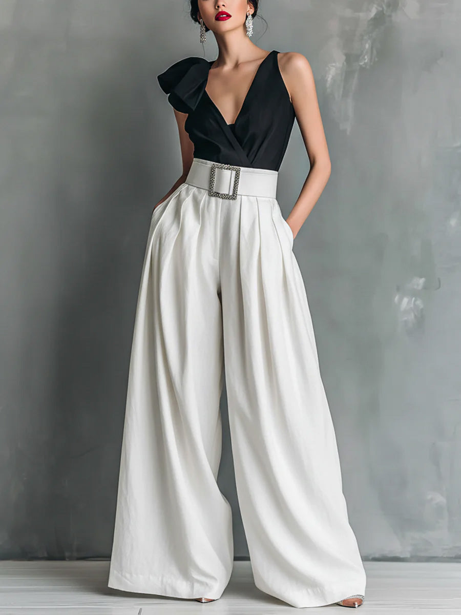 Women's Solid Color High-waisted Casual Loose Cotton Wide-leg Pants