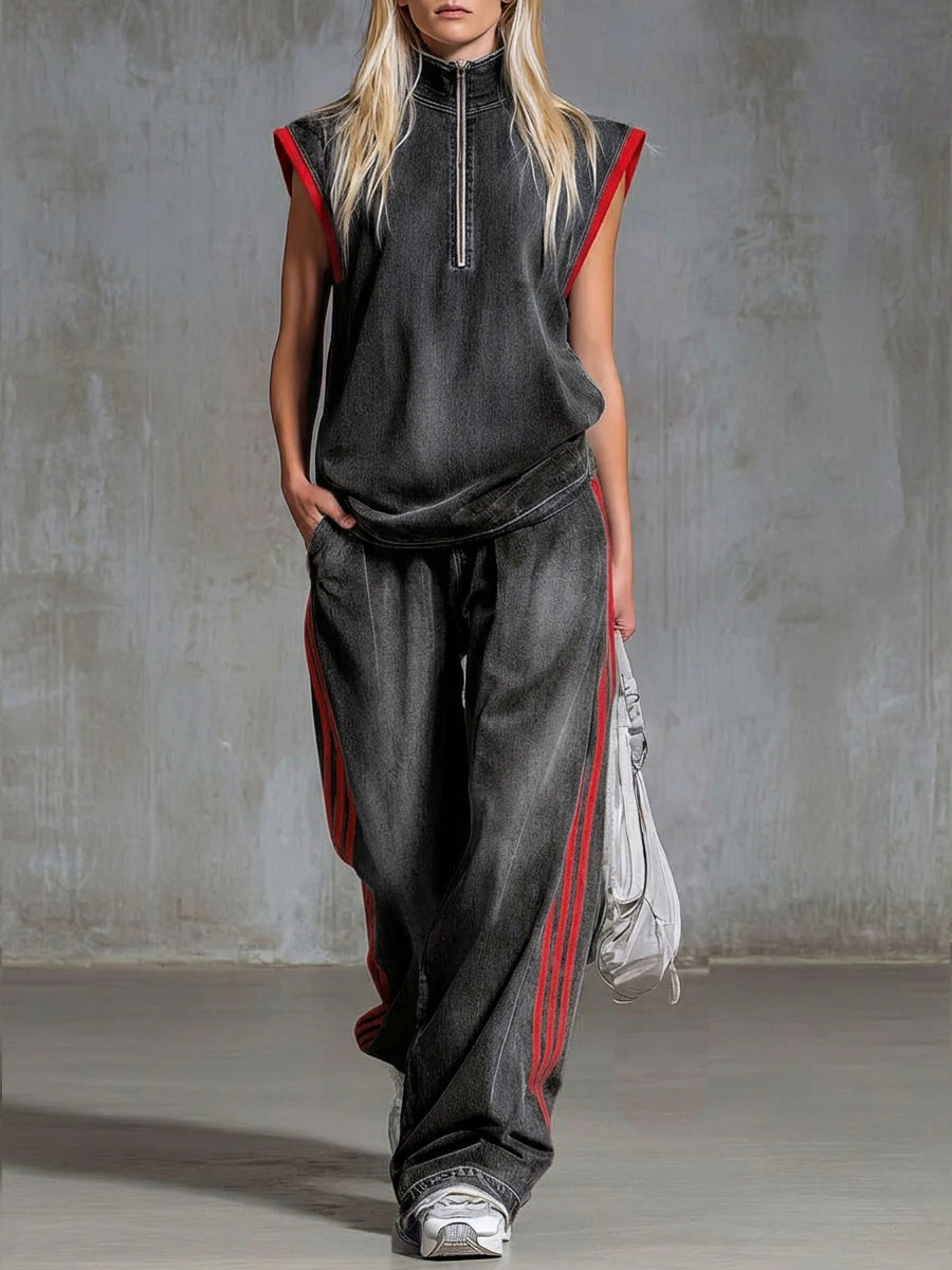 Casual Half-zip Sleeveless Denim Top And Pants Two-piece Set