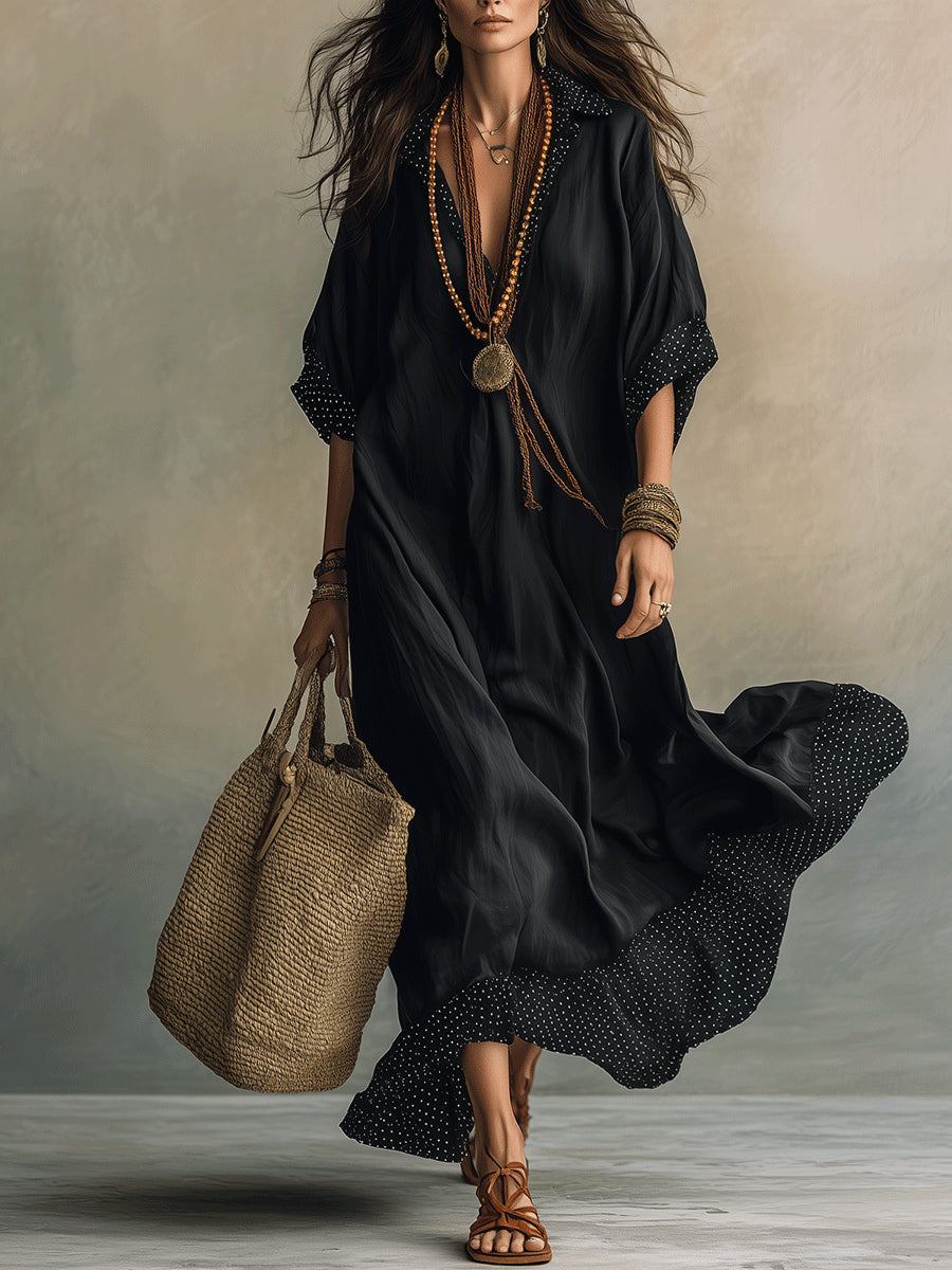Black Polka Dot Color-blocked Loose-fitting Beach Shirt Maxi Dress