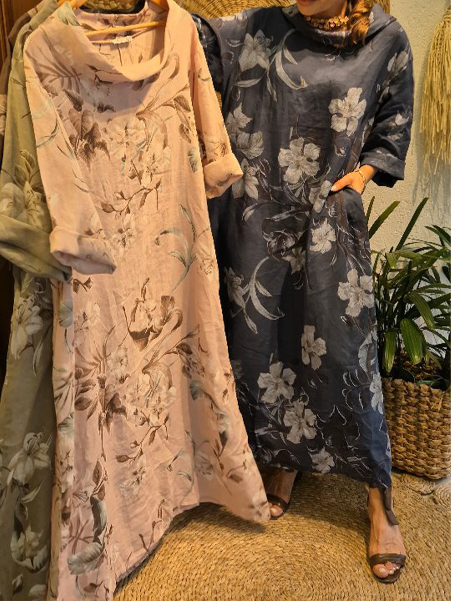 Loose And Comfortable Floral Print Linen And Cotton Dress