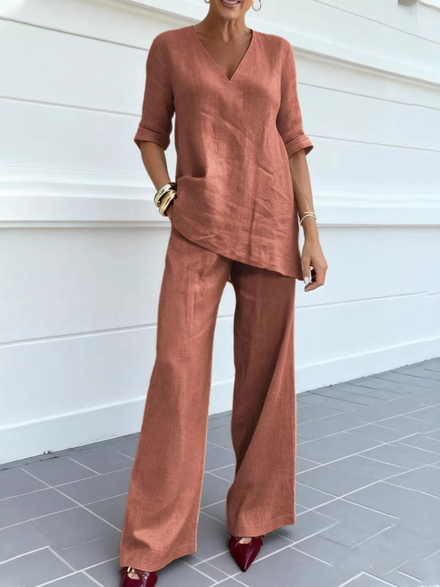 Women's Irregular Loose Solid Color Short-sleeve Wide-leg Pants Two-piece Set