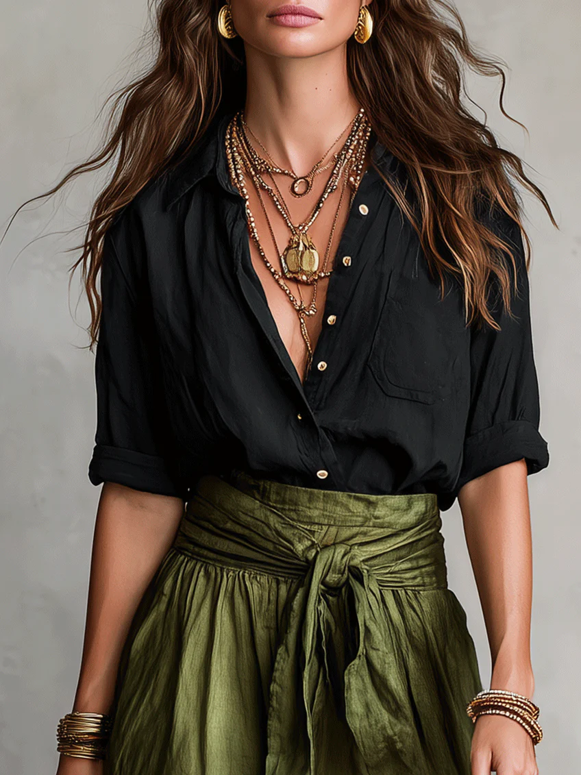 Minimalist Elegant Button-up Shirt And Tie-waist Skirt Two-piece Set