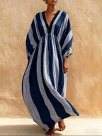 Women's Striped Art Print Casual Stylish Comfortable Cotton Linen Long Dress