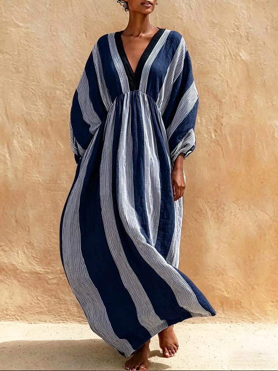 Women's Striped Art Print Casual Stylish Comfortable Cotton Linen Long Dress