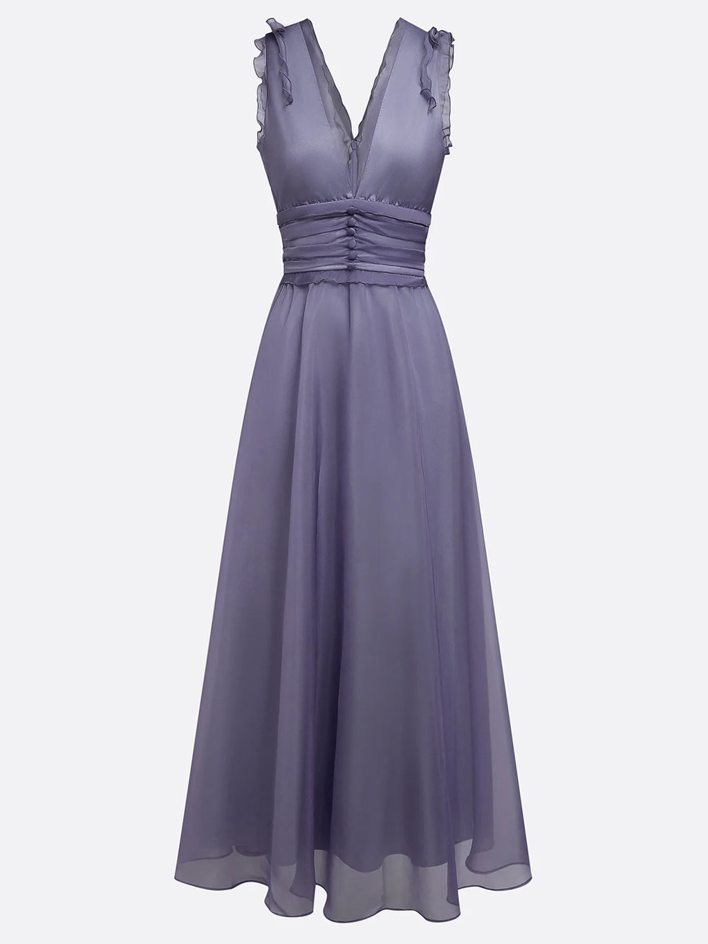 Deep Purple Ruffled Chiffon V Neck Sleeveless A-Line Gown Dress