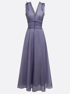 Deep Purple Ruffled Chiffon V Neck Sleeveless A-Line Gown Dress