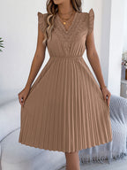 Women's Casual Lace V-neck Ruffled Pleated Dress