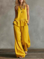 Women's Round Neck Sleeveless Casual Loose Cotton Top And High Waist Casual Loose Wide Leg Pants Set