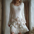 Vintage White Roses Embroidered Lace Cozy Sweater Dress